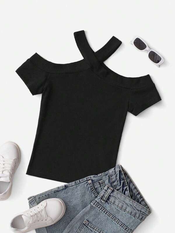 Cottnline Teen Girls Cold Shoulder Solid Tee