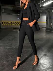 EURMUSE Solid Shawl Collar Blazer & Trousers - Black - View 4