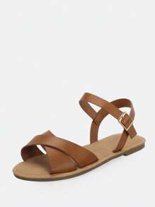 SHUZIA 人造皮革交叉平底涼鞋 - 棕色 - 查看 2