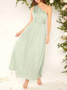 SHEIN Belle Váy phù dâu Vắt Xù Dây kéo màu trơn - Màu xanh Bạc hà - Xem 5