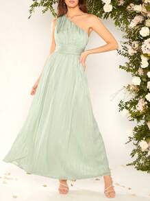 SHEIN Belle Váy phù dâu Vắt Xù Dây kéo màu trơn - Màu xanh Bạc hà - Xem 4