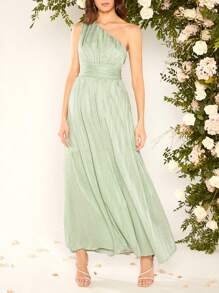 SHEIN Belle Váy phù dâu Vắt Xù Dây kéo màu trơn - Màu xanh Bạc hà - Xem 6
