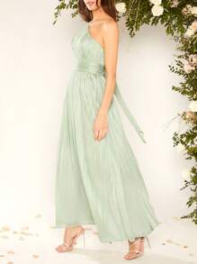 SHEIN Belle Váy phù dâu Vắt Xù Dây kéo màu trơn - Màu xanh Bạc hà - Xem 7