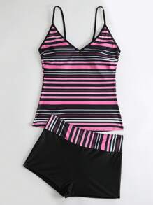 Swim Lushoire Striped Shorts Tankini,Summer Beach - Multicolor - View 4