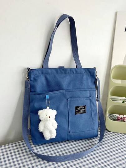Bear Decor Shopper Bag Letter Patch Decor Denim Bag