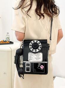 PU Novelty Bag Telephone Design - Black - View 2