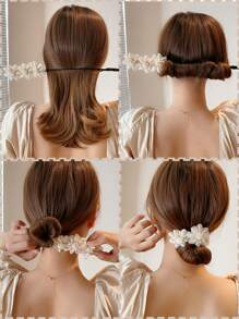 Handgefertigter Haarbun-Maker aus Elfenbeinblumen mit Netz- und Drei-Blumen-Dekoration für elegantes Haarstyling von Frauen, Valentinstag Haargummis, Haargummis für Pferdeschwanz, Haargummis, Haargummis, Haargummis, Haargummis, Haarzubehör, Haaraccessoires, Gummibänder - Verschiedenfarbig - Übersicht 3