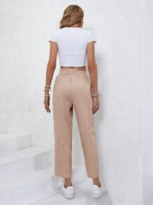 SHEIN Frenchy 紙袋腰前打結長褲 - 粉色 - 查看 2