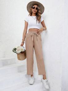 SHEIN Frenchy 紙袋腰前打結長褲 - 粉色 - 查看 3