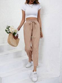 SHEIN Frenchy 紙袋腰前打結長褲 - 粉色 - 查看 4