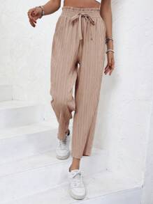 SHEIN Frenchy 紙袋腰前打結長褲 - 粉色 - 查看 5