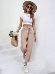 SHEIN Frenchy 紙袋腰前打結長褲 - 粉色 - 查看 6