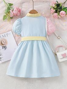 小女童拼色泡泡袖腰帶襯衫洋裝 - 彩色 - 查看 2