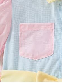 小女童拼色泡泡袖腰帶襯衫洋裝 - 彩色 - 查看 3