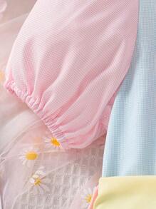 小女童拼色泡泡袖腰帶襯衫洋裝 - 彩色 - 查看 4