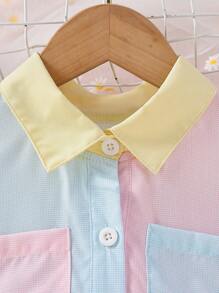 小女童拼色泡泡袖腰帶襯衫洋裝 - 彩色 - 查看 5