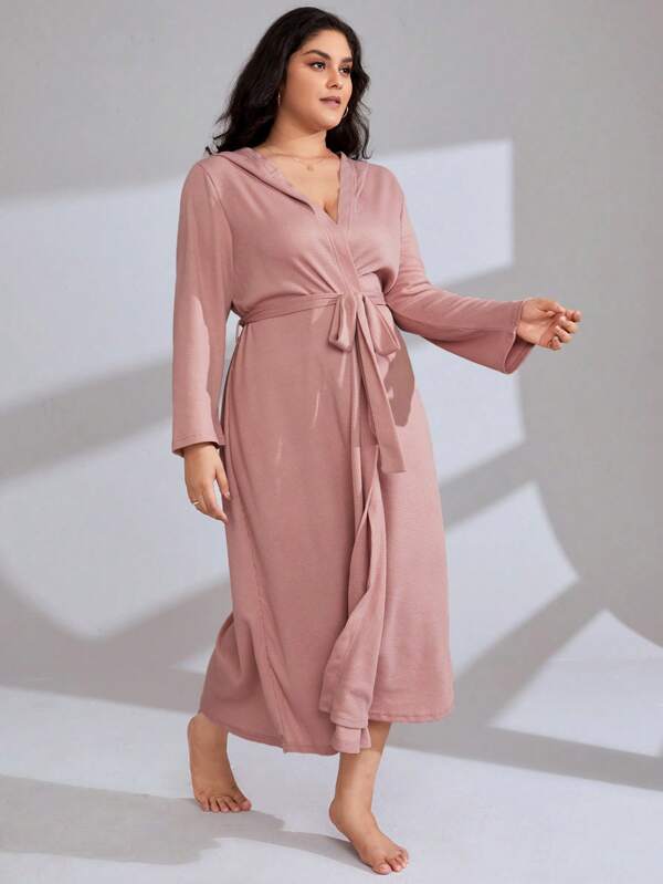 Plus Solid Belted Hooded Robe