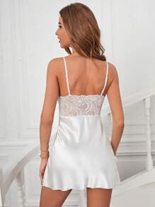 Contrast Lace Bow Front Satin Cami Pajama Nightdress