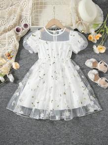 Đầm bé gái Tương phản Mesh Thêu Đề can Hoa Dễ thương - trắng - Xem 1