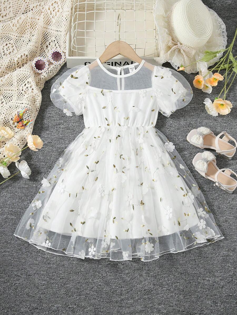 Đầm bé gái Tương phản Mesh Thêu Đề can Hoa Dễ thương - trắng - Xem 1