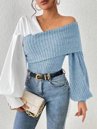 SHEIN Essnce 雙色折邊不對稱領燈籠袖上衣