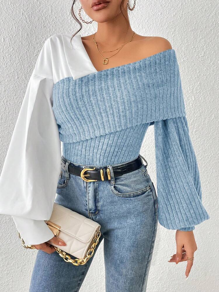 Two Tone Foldover Asymmetrical Neck Lantern Sleeve Top