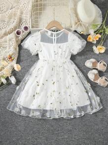 Đầm bé gái Tương phản Mesh Thêu Đề can Hoa Dễ thương - trắng - Xem 2