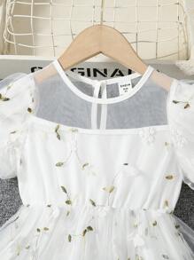 Đầm bé gái Tương phản Mesh Thêu Đề can Hoa Dễ thương - trắng - Xem 4