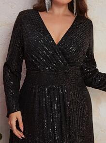 YISIKADO 大碼交疊領高衩亮片正式洋裝 - 黑色 - 查看 3