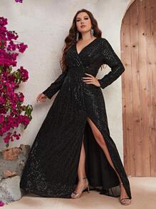 YISIKADO 大碼交疊領高衩亮片正式洋裝 - 黑色 - 查看 5