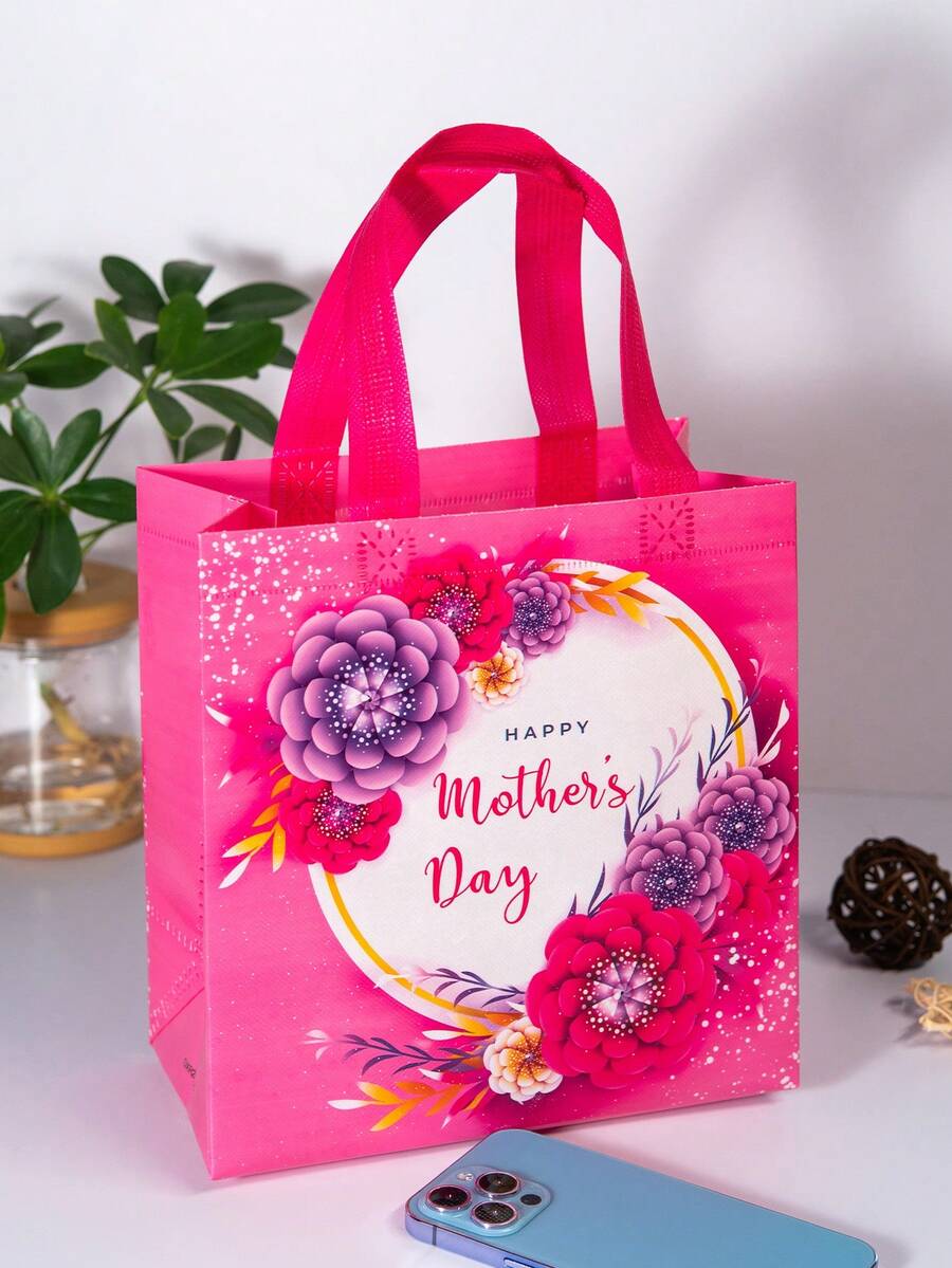 Flower Graphic Square Bag Small Double Handle - Hot Pink - View 1