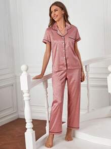 豹紋提花拼接滾邊前紐扣緞面睡衣套裝 - 藕粉色 - 查看 5