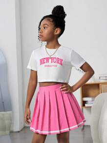 SHEIN Girls Letter Graphic Tee & Pleated Skirt - Multicolor - View 3