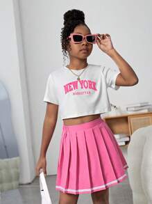 SHEIN Girls Letter Graphic Tee & Pleated Skirt - Multicolor - View 5