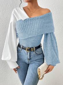 SHEIN Essnce Two Tone Foldover Asymmetrical Neck Lantern Sleeve Top - Baby Blue - View 5