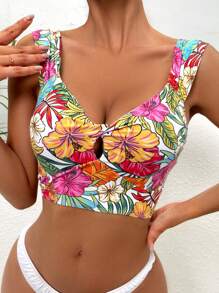 SHEIN Swim Tropical Print Cut Out Front Bikini Top - Multicolor - View 1