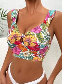 SHEIN Swim Tropical Print Cut Out Front Bikini Top - Multicolor - View 3