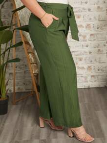 SHEIN LUNE Quần Plus Size Thắt lưng Túi màu trơn Giải trí - xanh quân đội - Xem 4