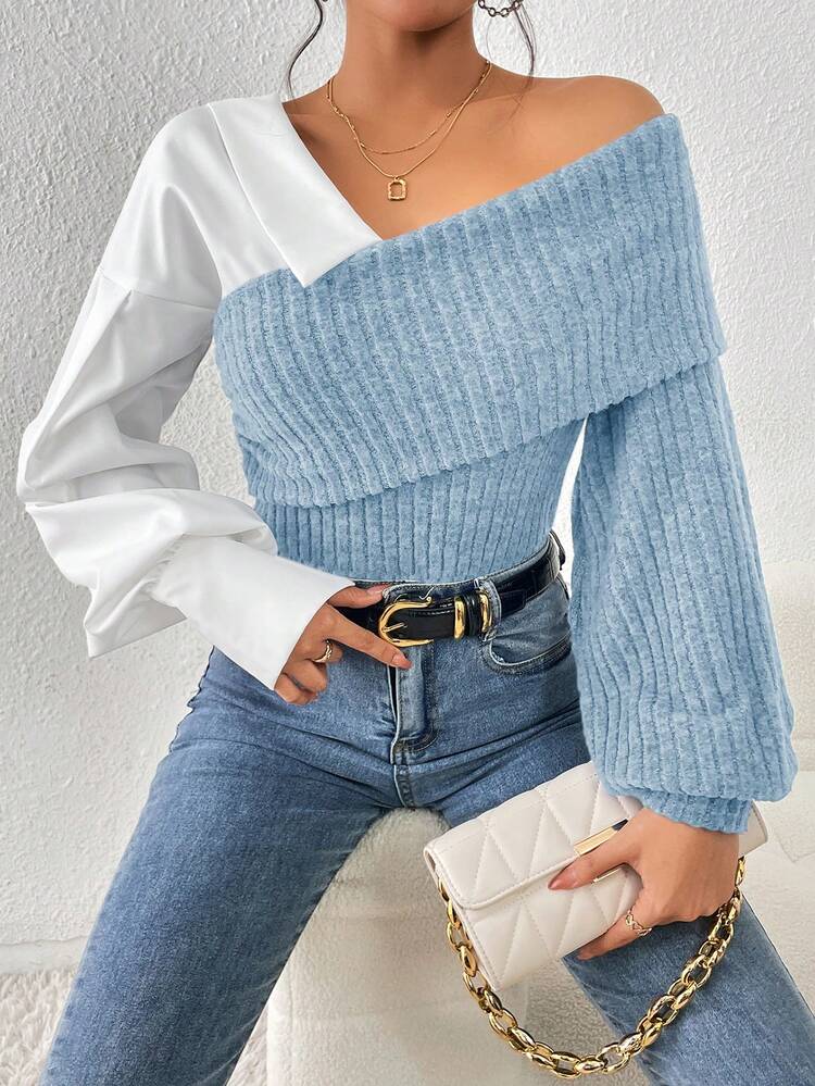 Two Tone Foldover Asymmetrical Neck Lantern Sleeve Top