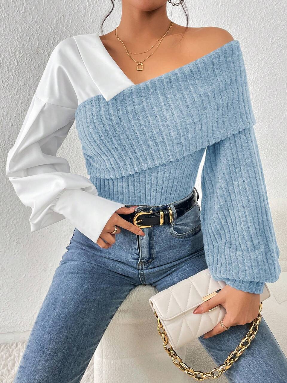 Two Tone Foldover Asymmetrical Neck Lantern Sleeve Top