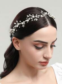 Rhinestone & Faux Pearl Decor Bridal Hair Band - Silver - View 1