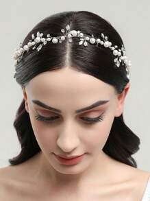 Rhinestone & Faux Pearl Decor Bridal Hair Band - Silver - View 6