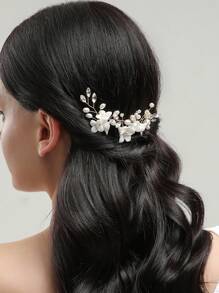 3pcs Flower & Faux Pearl Decor Pottery And Porcelain Wedding Hair Pin - Gold - View 2