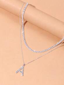 2入組/套奢華水鑽字母裝飾項鍊適合女士日常裝飾 - 銀色 - 查看 2