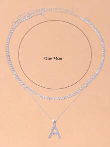 2入組/套奢華水鑽字母裝飾項鍊適合女士日常裝飾 - 銀色 - 查看 3