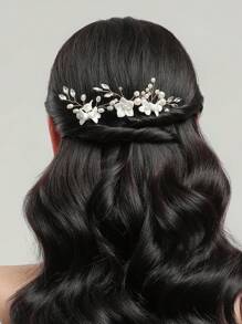 3pcs Flower & Faux Pearl Decor Pottery And Porcelain Wedding Hair Pin - Gold - View 5