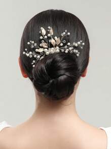 仿珍珠叶子装饰发夹，优雅情人节配饰 - 金色 - 查看 1