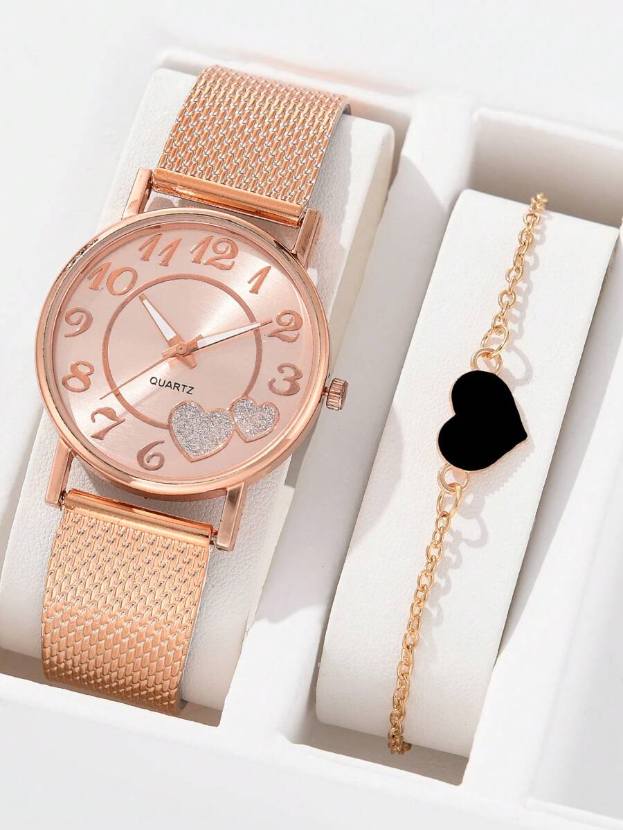 1pc Ladies Watch Heart Print Dial Round Pointer Quartz Watch & 1pc Bracelet Heart Necklace - Rose Gold - View 1