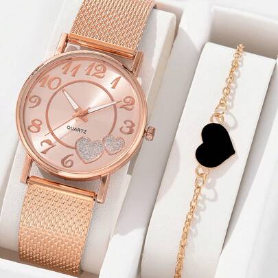 1入女士手錶，心形印花錶盤，圓形指針石英錶，配1入手鍊心形項鏈