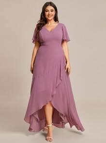 Plus Butterfly Sleeve Wrap Hem Chiffon Bridesmaid Dress - Dusty Pink - View 2